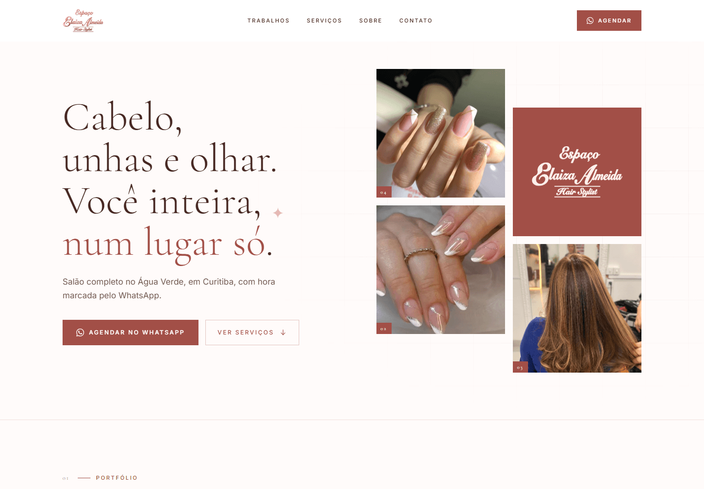 Site do Espaço Elaiza com identidade rosa-antigo e portfólio de cabelos e unhas